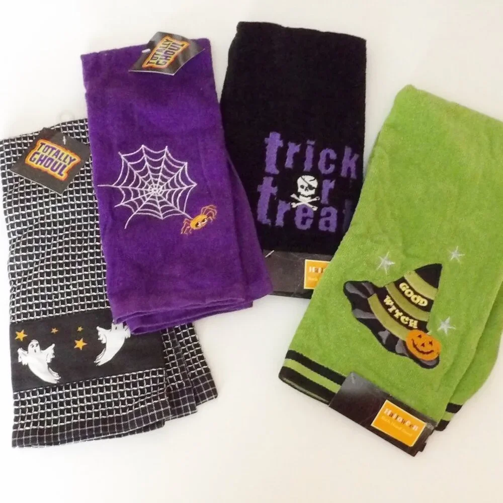 Bundle of 4 Halloween Themed Hand Towels Dish Towels NWT Good Witch Ghost